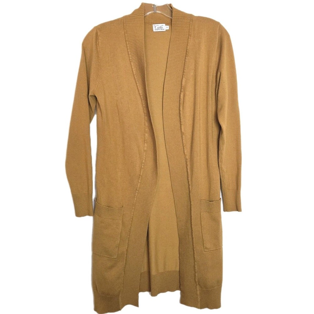 CIELO Cardigan Open Front Long Sleeves Yellow Mustard 2 Pockets Women Medium - Picture 2 of 8